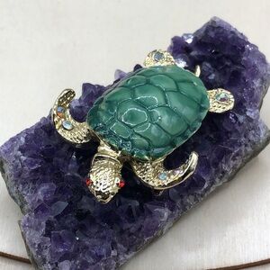 Vintage enamel bejeweled turtle brooch beach boho statement.